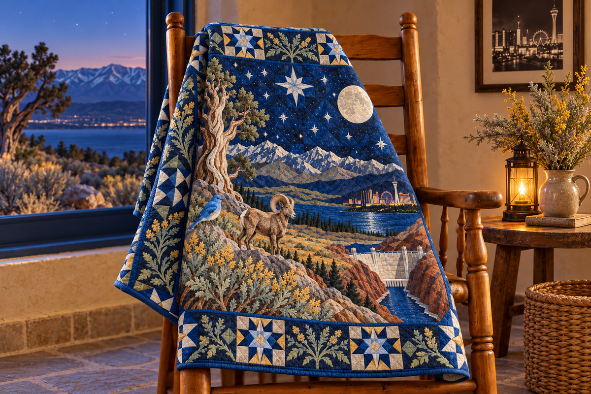 Nevada Night Garden TD181026725 Quilt Blanket draped over a wooden chair in a setting inspired by the quilt design