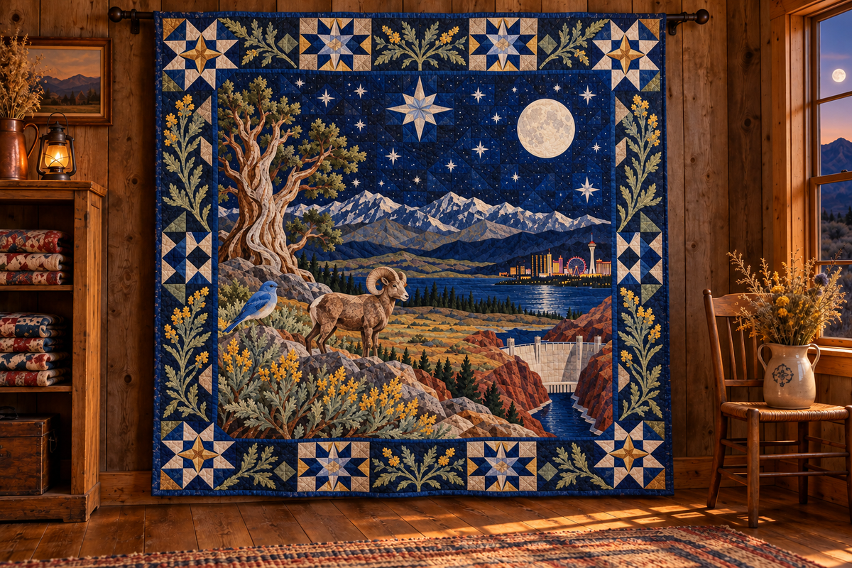 Nevada Night Garden TD181026725 Quilt Blanket hanging in a themed indoor cabin