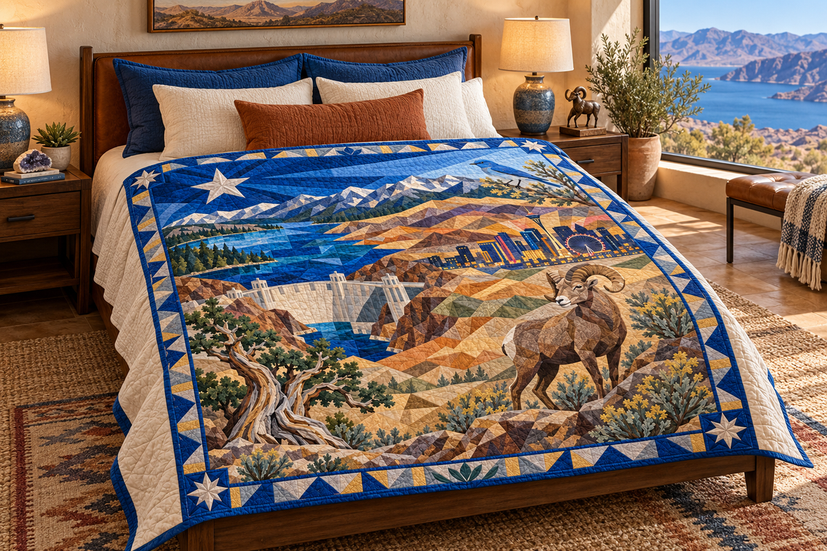 Nevada Mosaic Horizons TD181026729 Quilt Blanket bed mockup in a design-matched room