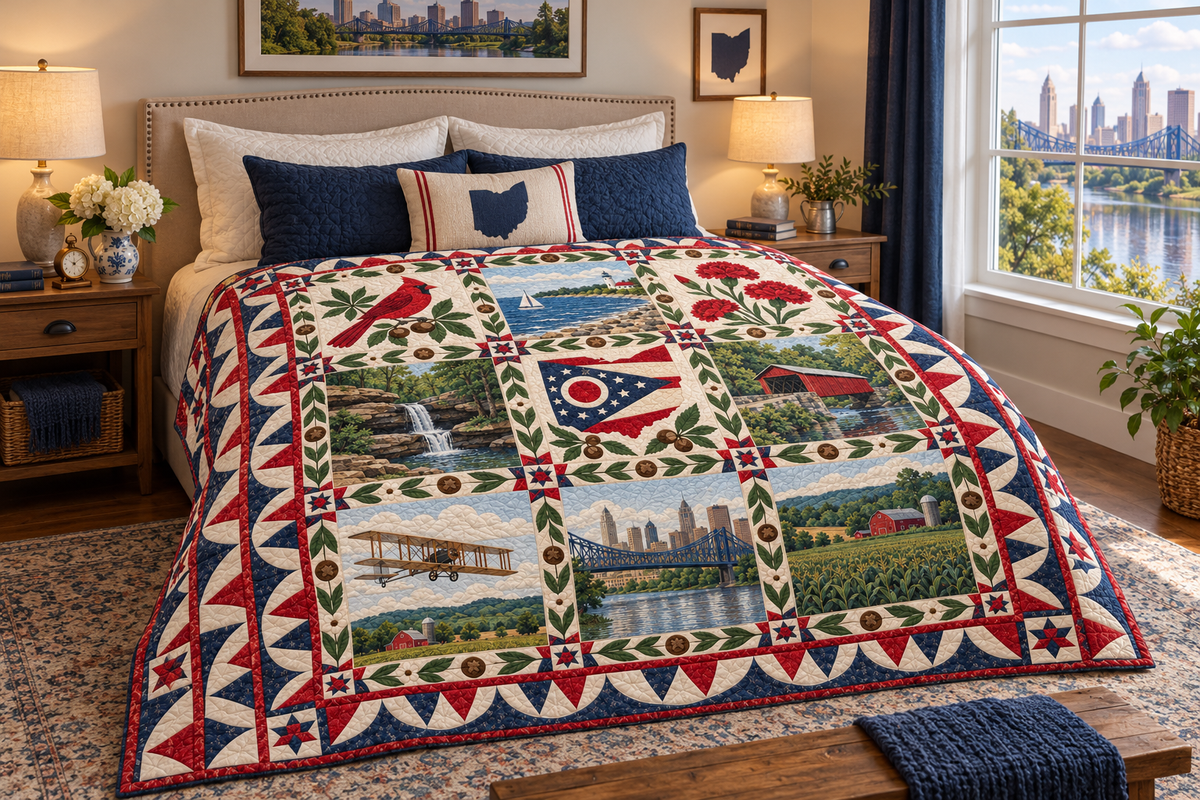 Ohio Heritage Album TD181026746 Quilt Blanket bed mockup in a design-matched room
