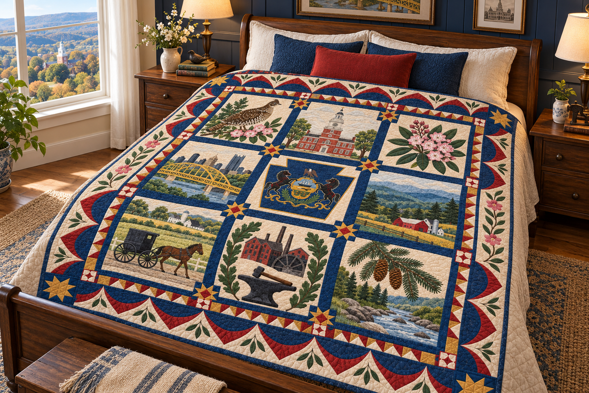 Pennsylvania Heritage Album TD181026776 Quilt Blanket bed mockup in a design-matched room