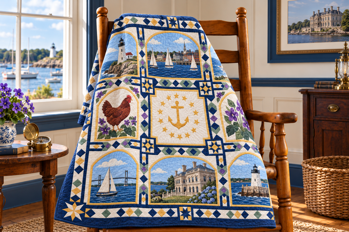 Rhode Island Landmark Windows TD181026783 Quilt Blanket draped over a wooden chair in a setting inspired by the quilt design