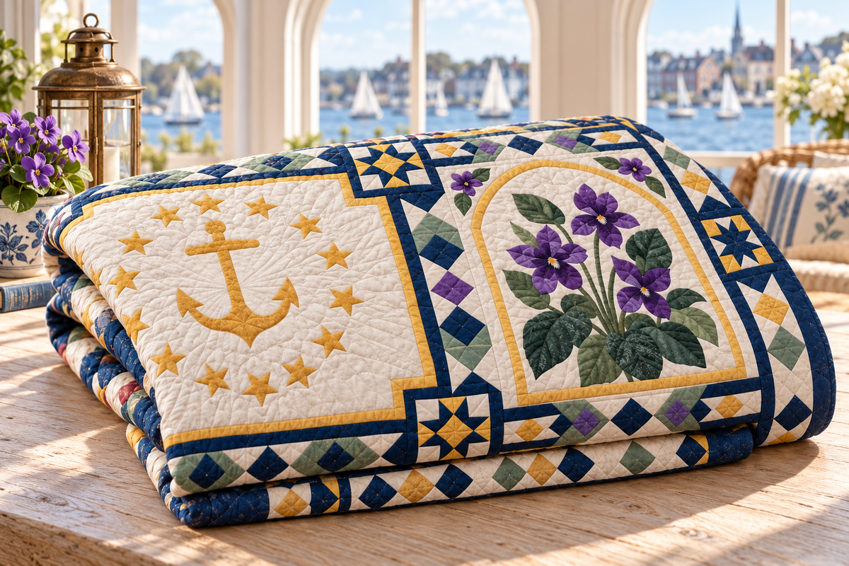 Rhode Island Landmark Windows TD181026783 Quilt Blanket folded in a setting matching its design