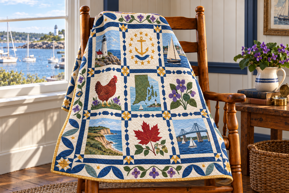 Rhode Island Heritage Album TD181026786 Quilt Blanket draped over a wooden chair in a setting inspired by the quilt design