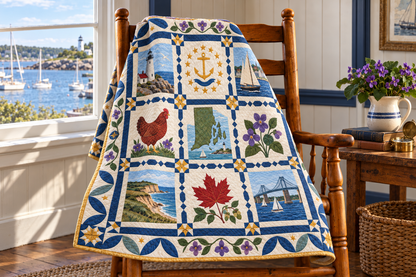 Rhode Island Heritage Album TD181026786 Quilt Blanket draped over a wooden chair in a setting inspired by the quilt design