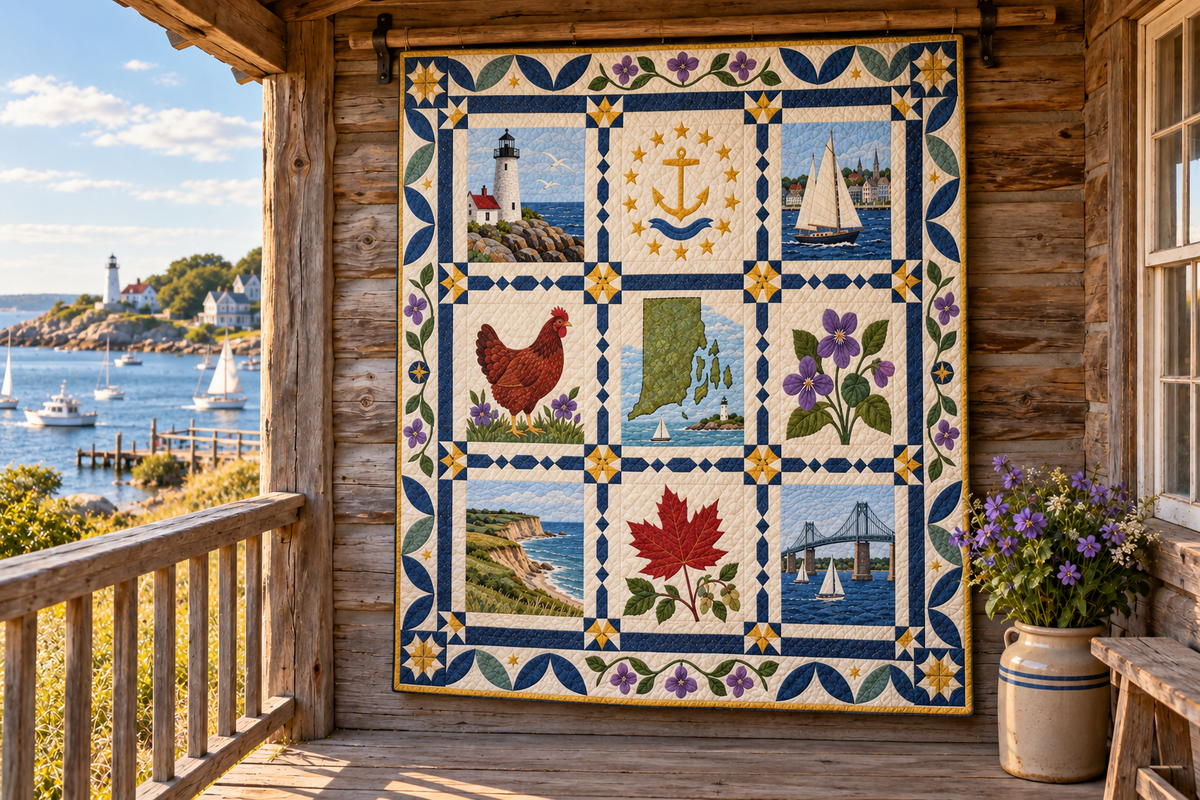 Rhode Island Heritage Album TD181026786 Quilt Blanket hanging in a themed outdoor cabin