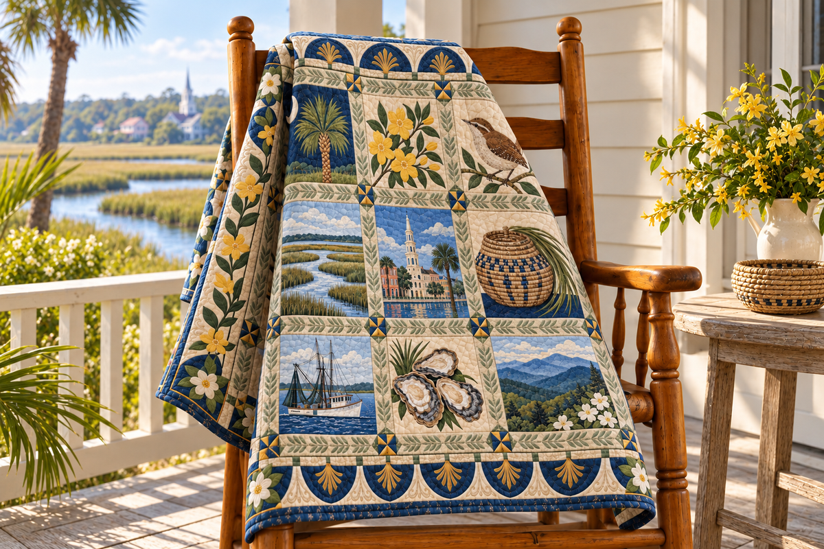 South Carolina Heritage Album TD181026796 Quilt Blanket draped over a wooden chair in a setting inspired by the quilt design