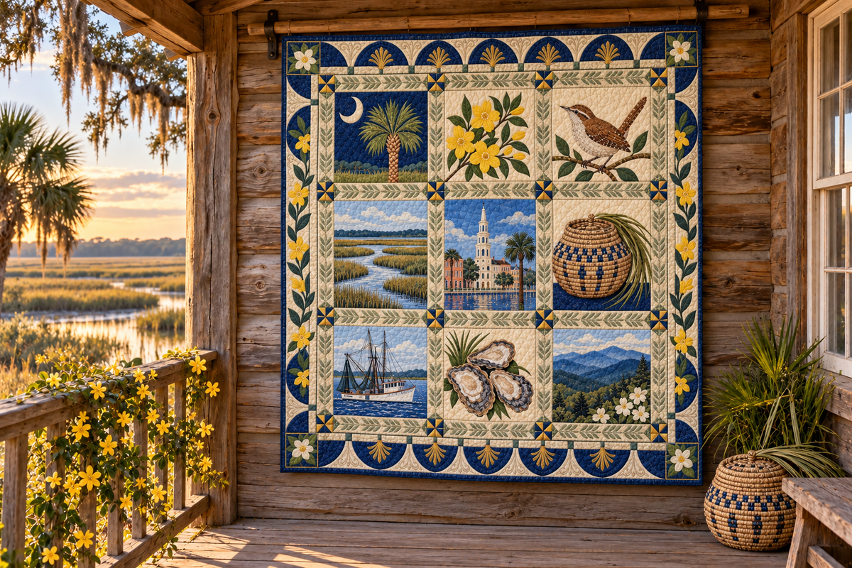 South Carolina Heritage Album TD181026796 Quilt Blanket hanging in a themed outdoor cabin