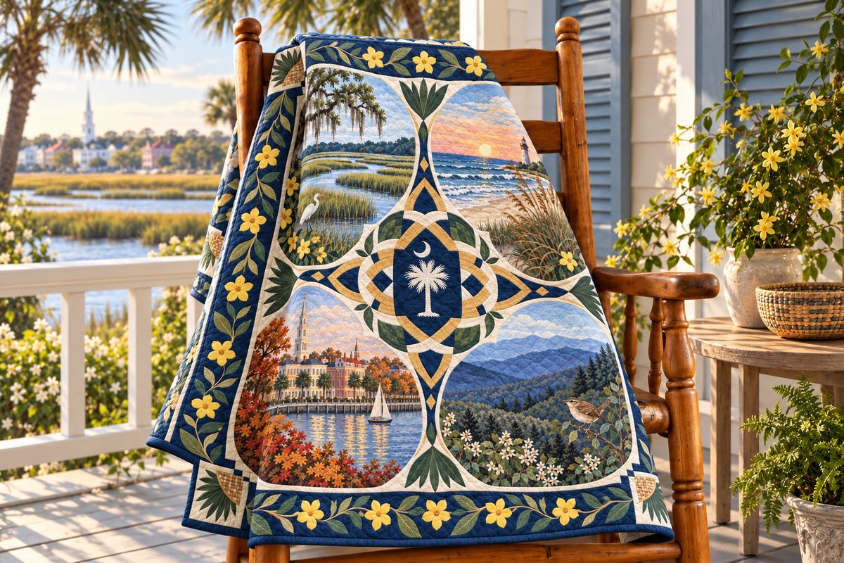 South Carolina Four Seasons TD181026798 Quilt Blanket draped over a wooden chair in a setting inspired by the quilt design