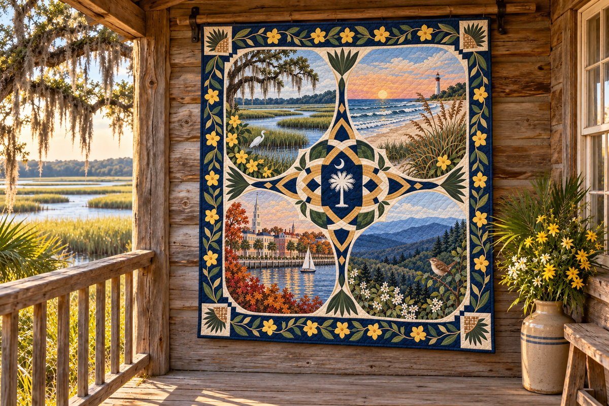 South Carolina Four Seasons TD181026798 Quilt Blanket hanging in a themed outdoor cabin