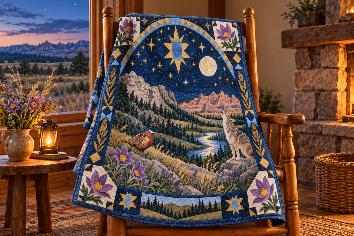 South Dakota Night Garden TD181026805 Quilt Blanket draped over a wooden chair in a setting inspired by the quilt design