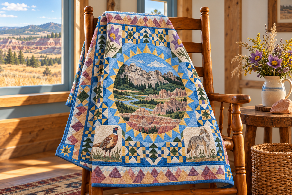 South Dakota Celebration In Cloth TD181026810 Quilt Blanket draped over a wooden chair in a setting inspired by the quilt design
