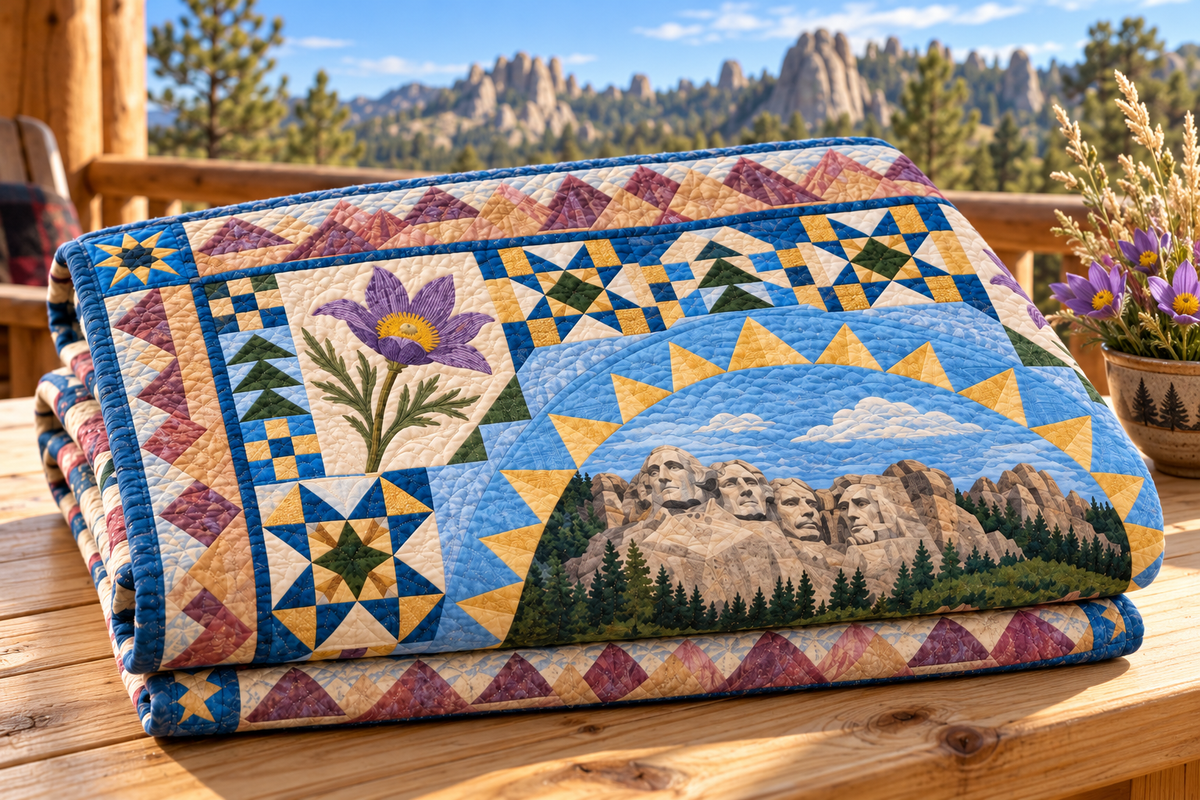 South Dakota Celebration In Cloth TD181026810 Quilt Blanket folded in a setting matching its design