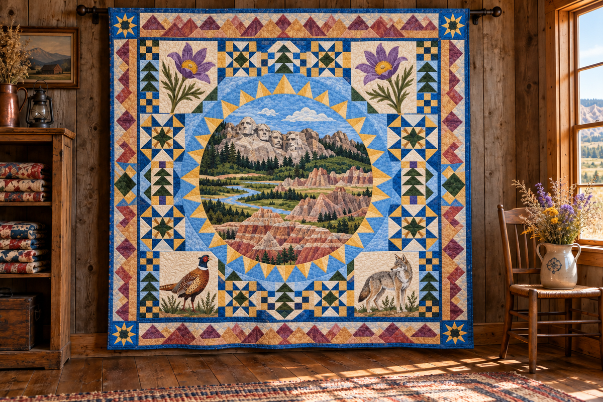South Dakota Celebration In Cloth TD181026810 Quilt Blanket hanging in a themed indoor cabin