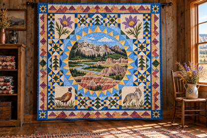 South Dakota Celebration In Cloth TD181026810 Quilt Blanket hanging in a themed indoor cabin