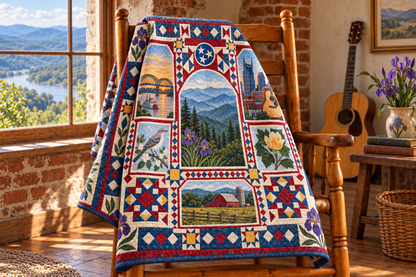 Tennessee Landmark Windows TD181026813 Quilt Blanket draped over a wooden chair in a setting inspired by the quilt design