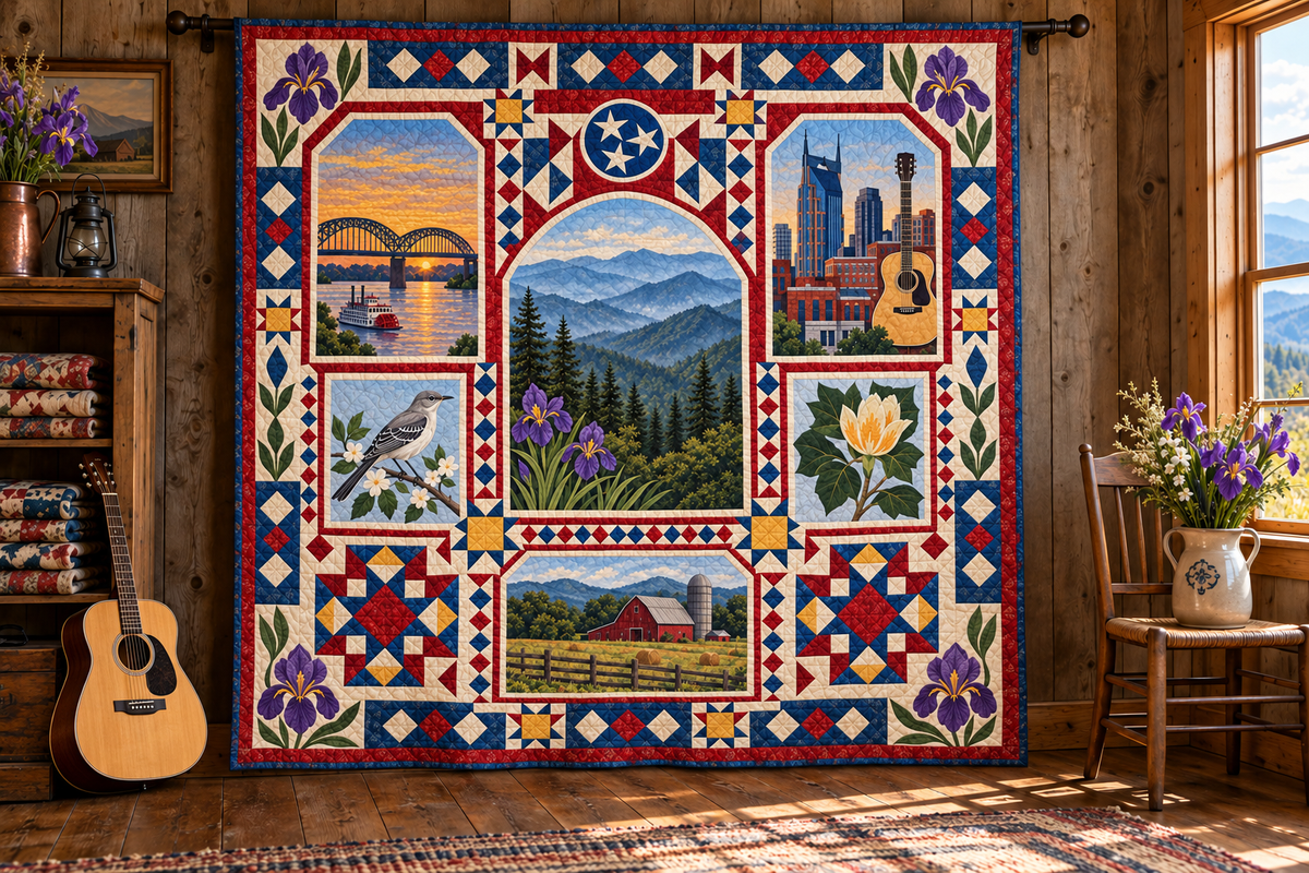 Tennessee Landmark Windows TD181026813 Quilt Blanket hanging in a themed indoor cabin