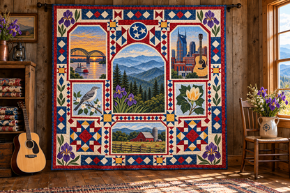 Tennessee Landmark Windows TD181026813 Quilt Blanket hanging in a themed indoor cabin