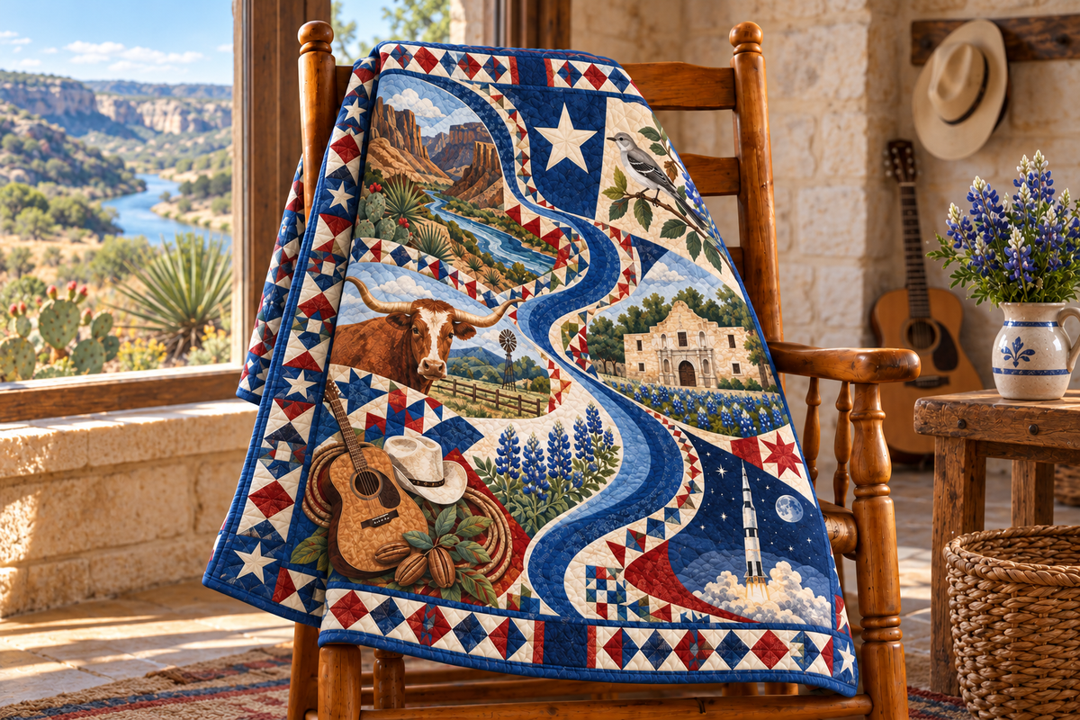 Texas River Of Stories TD181026824 Quilt Blanket draped over a wooden chair in a setting inspired by the quilt design