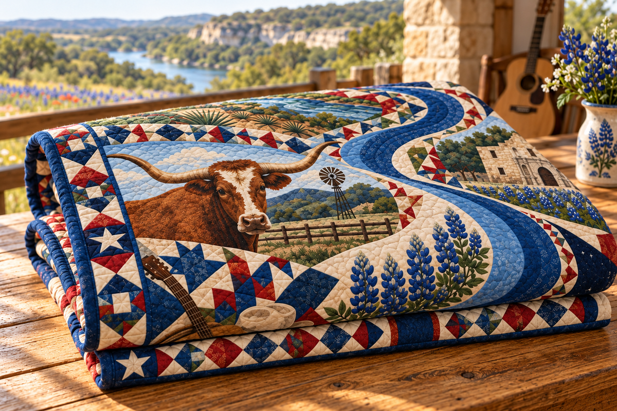 Texas River Of Stories TD181026824 Quilt Blanket folded in a setting matching its design