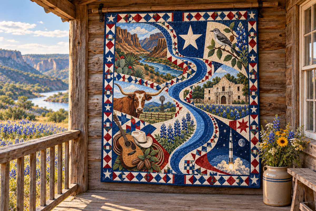 Texas River Of Stories TD181026824 Quilt Blanket hanging in a themed outdoor cabin