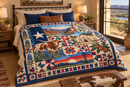 Texas Mosaic Horizons TD181026829 Quilt Blanket bed mockup in a design-matched room