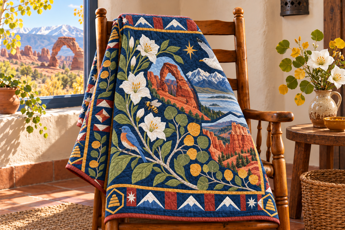 Utah Botanical Heritage TD181026832 Quilt Blanket draped over a wooden chair in a setting inspired by the quilt design