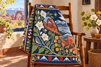 Utah Botanical Heritage TD181026832 Quilt Blanket draped over a wooden chair in a setting inspired by the quilt design