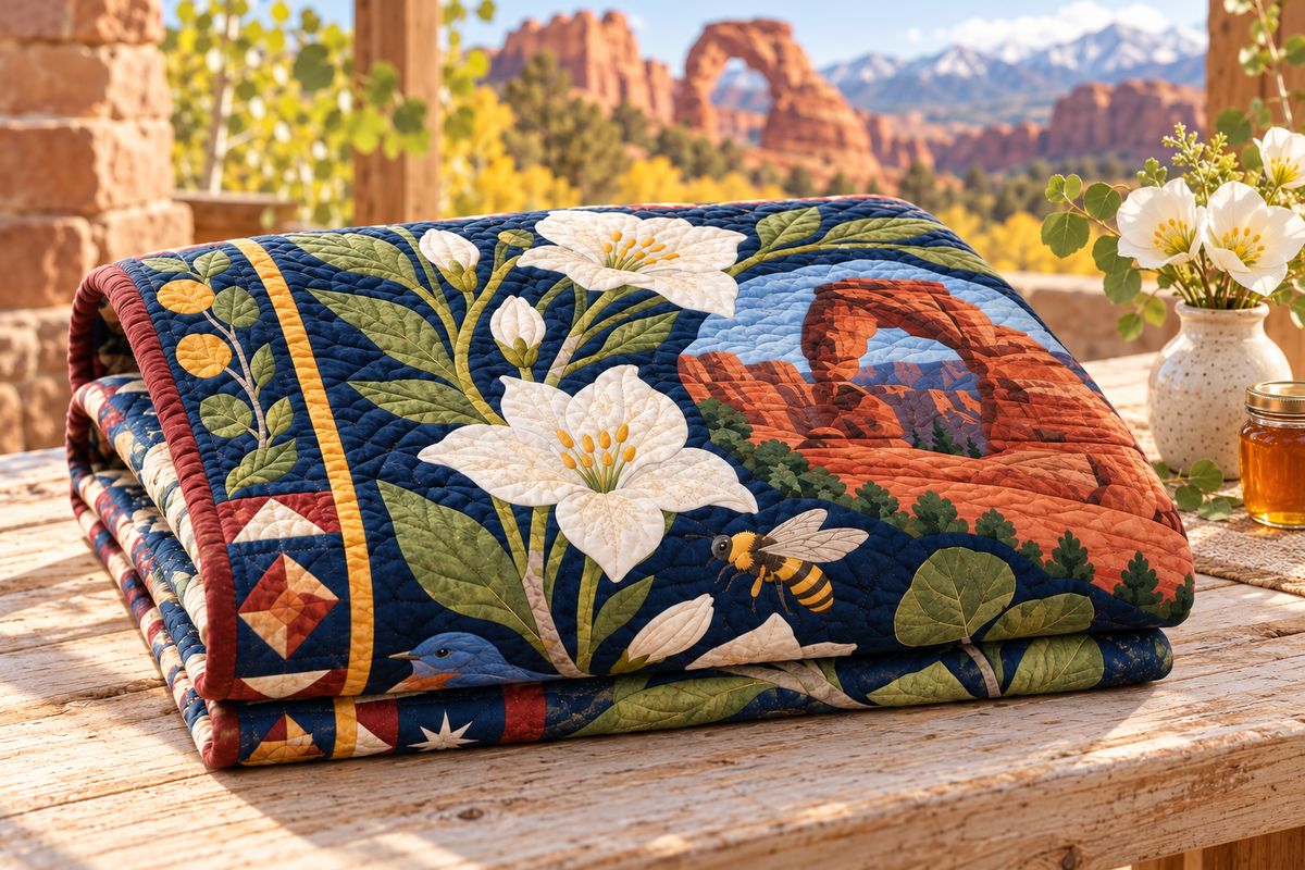 Utah Botanical Heritage TD181026832 Quilt Blanket folded in a setting matching its design