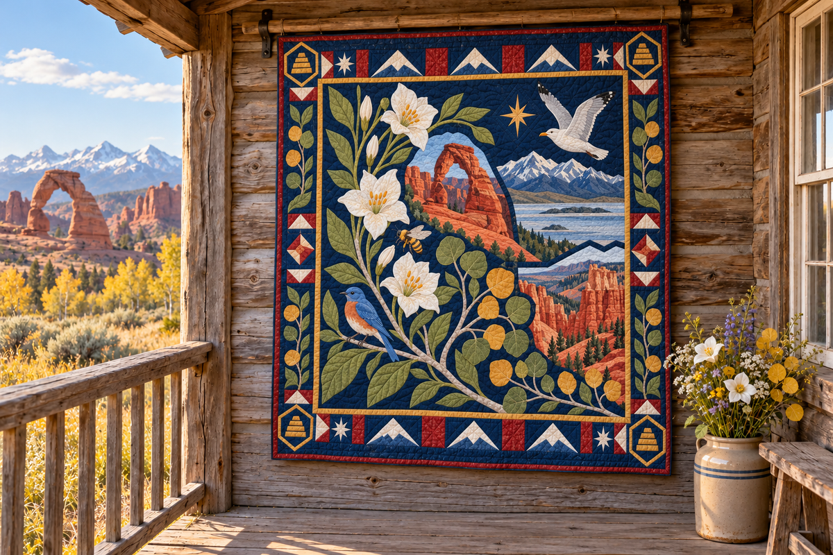 Utah Botanical Heritage TD181026832 Quilt Blanket hanging in a themed outdoor cabin