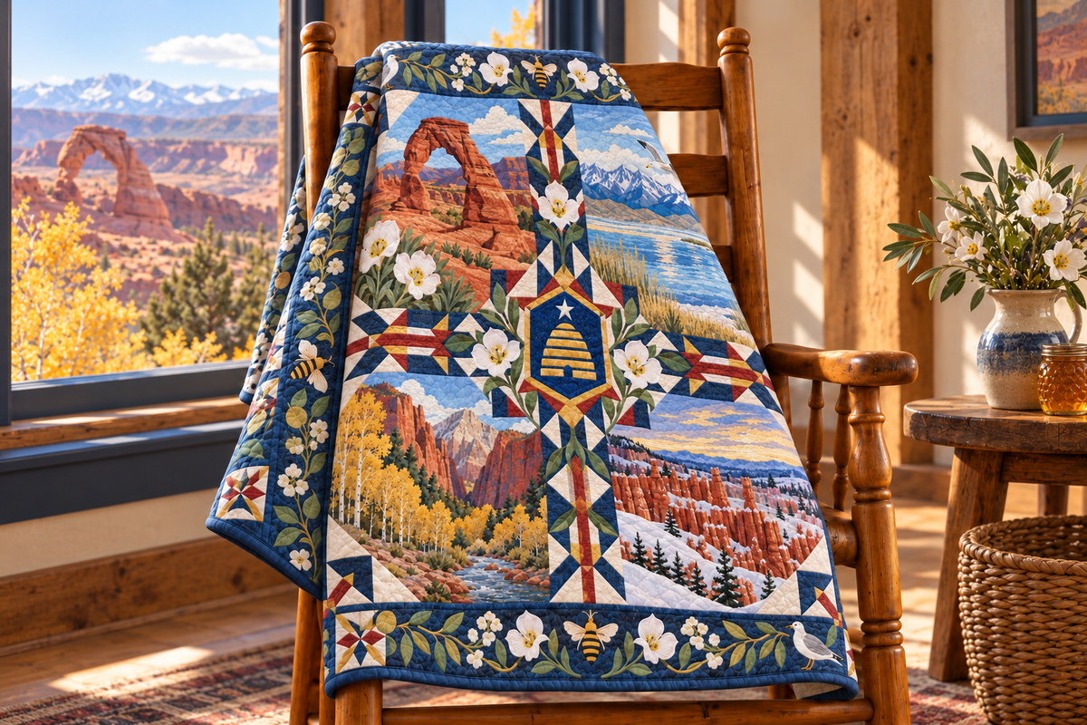 Utah Four Seasons TD181026838 Quilt Blanket draped over a wooden chair in a setting inspired by the quilt design