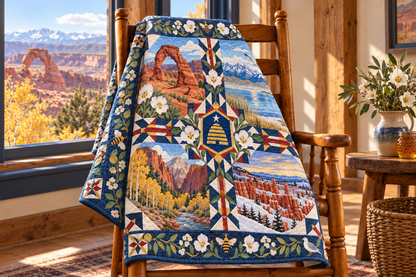 Utah Four Seasons TD181026838 Quilt Blanket draped over a wooden chair in a setting inspired by the quilt design
