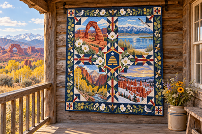 Utah Four Seasons TD181026838 Quilt Blanket hanging in a themed outdoor cabin