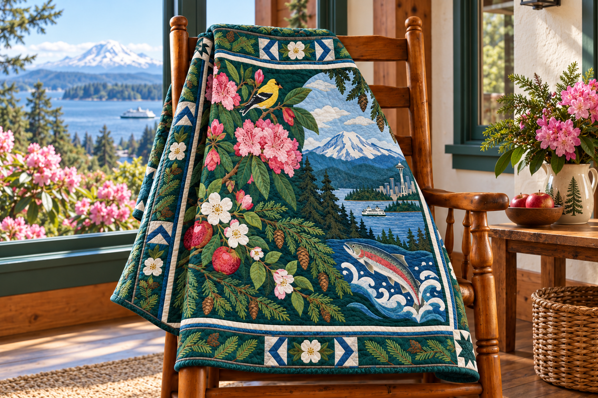 Washington Botanical Heritage TD181026862 Quilt Blanket draped over a wooden chair in a setting inspired by the quilt design