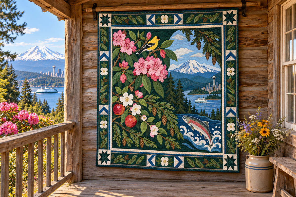 Washington Botanical Heritage TD181026862 Quilt Blanket hanging in a themed outdoor cabin