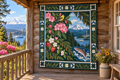 Washington Botanical Heritage TD181026862 Quilt Blanket hanging in a themed outdoor cabin