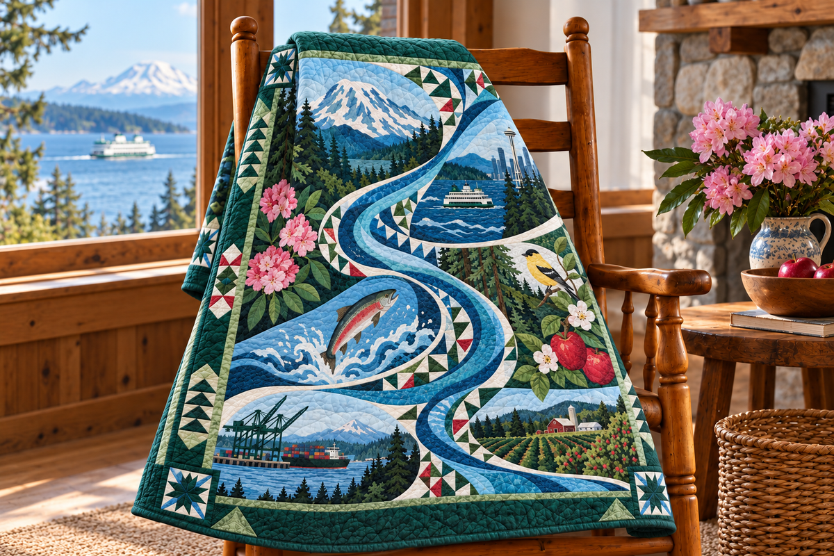 Washington River Of Stories TD181026864 Quilt Blanket draped over a wooden chair in a setting inspired by the quilt design
