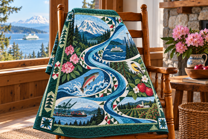 Washington River Of Stories TD181026864 Quilt Blanket draped over a wooden chair in a setting inspired by the quilt design