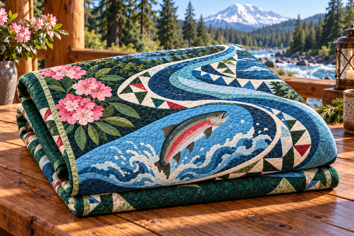 Washington River Of Stories TD181026864 Quilt Blanket folded in a setting matching its design