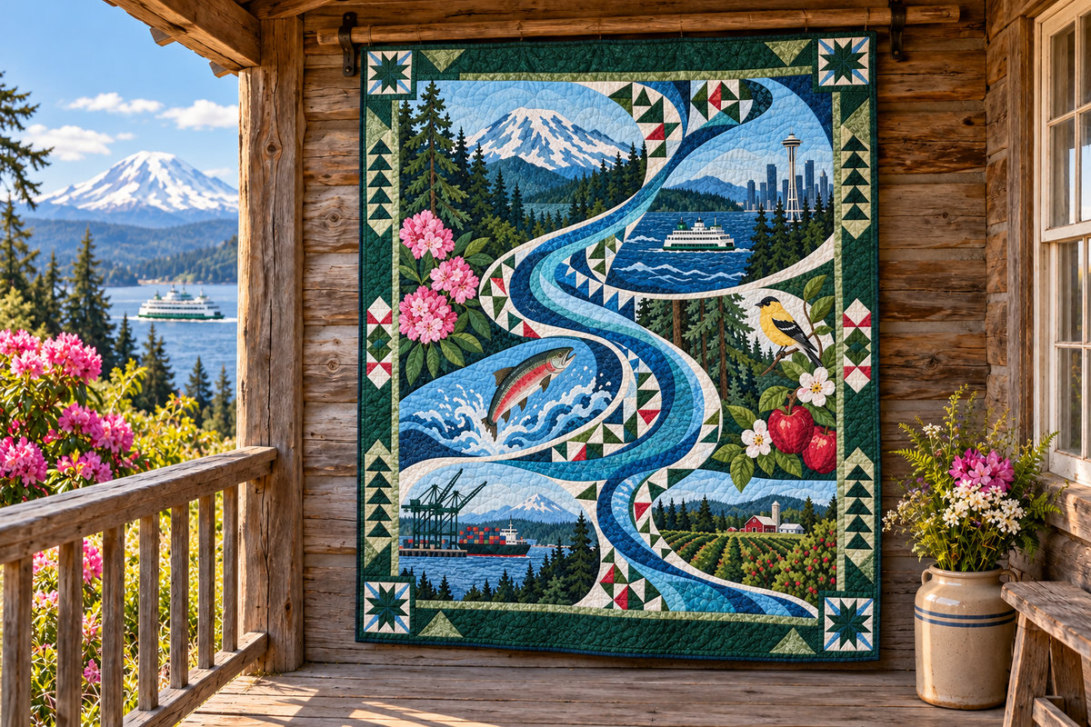 Washington River Of Stories TD181026864 Quilt Blanket hanging in a themed outdoor cabin