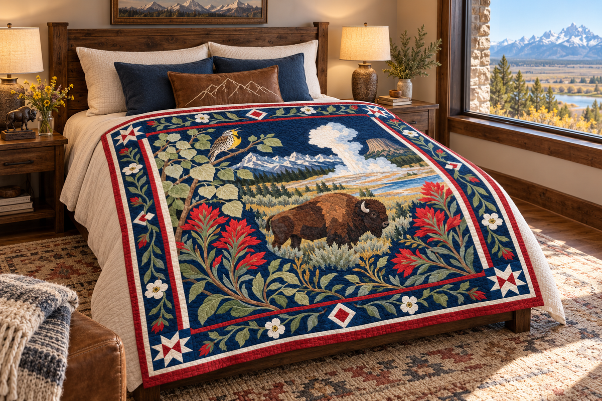 Wyoming Botanical Heritage TD181026892 Quilt Blanket bed mockup in a design-matched room