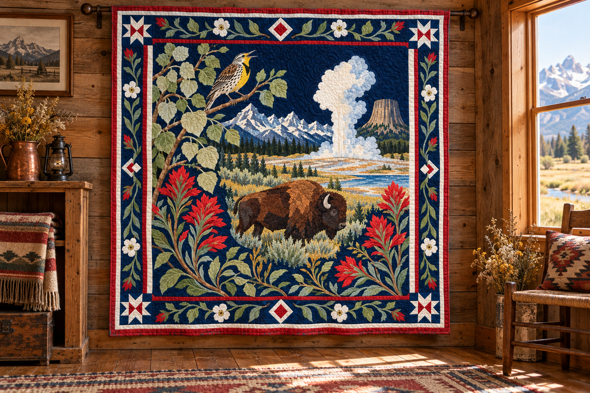 Wyoming Botanical Heritage TD181026892 Quilt Blanket hanging mockup