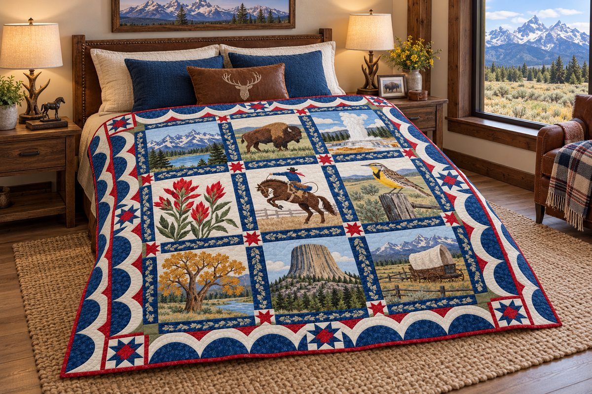 Wyoming Heritage Album TD181026896 Quilt Blanket bed mockup in a design-matched room