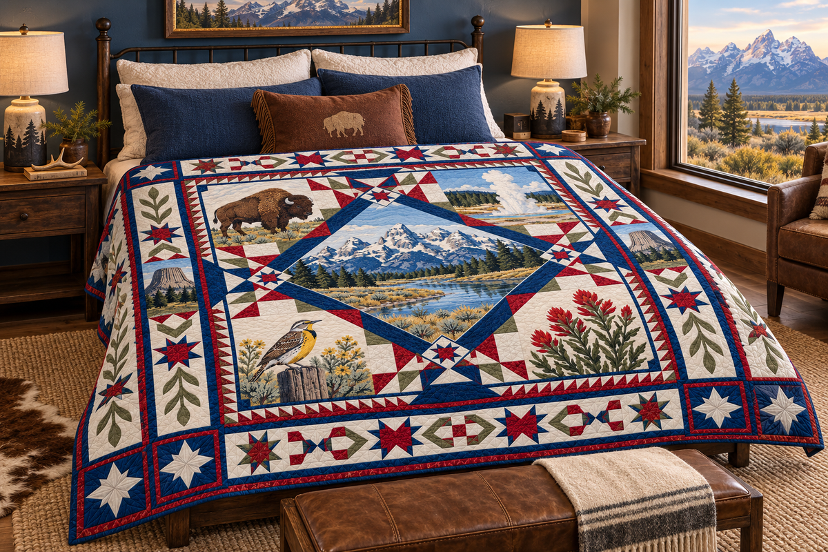 Wyoming Celebration In Cloth TD181026900 Quilt Blanket bed mockup in a design-matched room