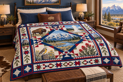 Wyoming Celebration In Cloth TD181026900 Quilt Blanket bed mockup in a design-matched room