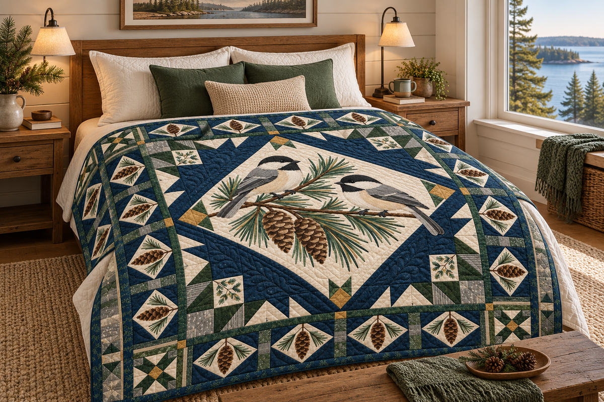 Maine Chickadee Pine Hearth TD191026093 Quilt Blanket bed mockup in a design-matched room