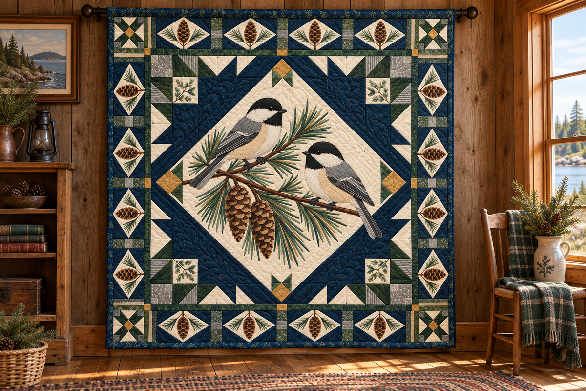 Maine Chickadee Pine Hearth TD191026093 Quilt Blanket hanging mockup